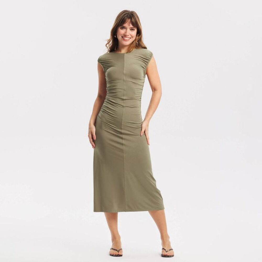 Women's Cap Sleeve Ruched Waist Midi Dress - A New Day Olive Green S